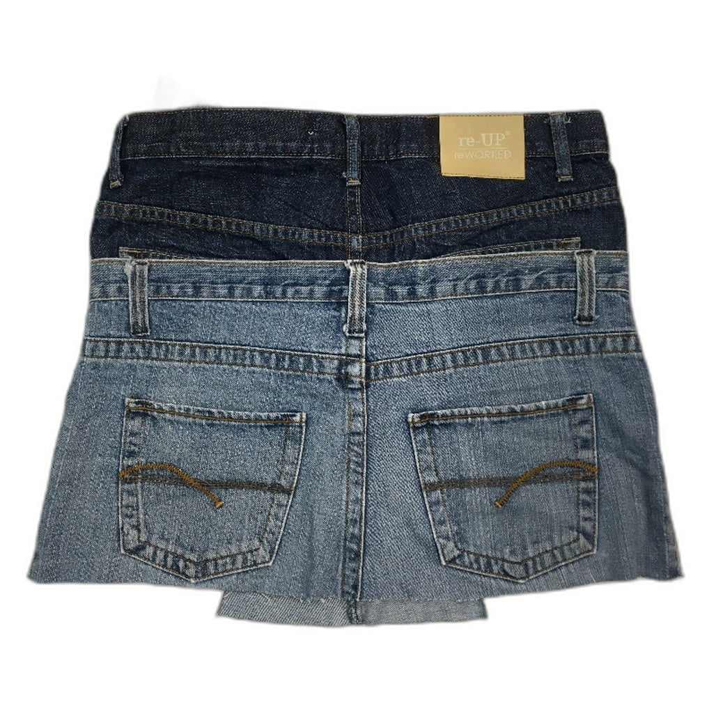 reWORKED re-UP Handcrafted Upcycled Fabrics Denim Veronica Mini Skirt Sz 16