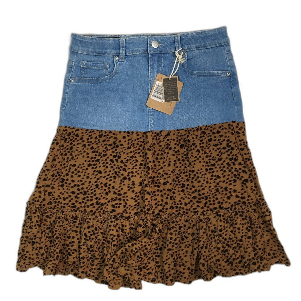 reWORKED re-UP Handcrafted Upcycled Fabrics Blue Brown RaRa Mini Skirt Sz 8