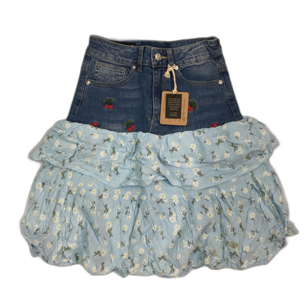 reWORKED re-UP Handcrafted Upcycled Fabrics Blue Daisy RaRa Mini Skirt Sz 10