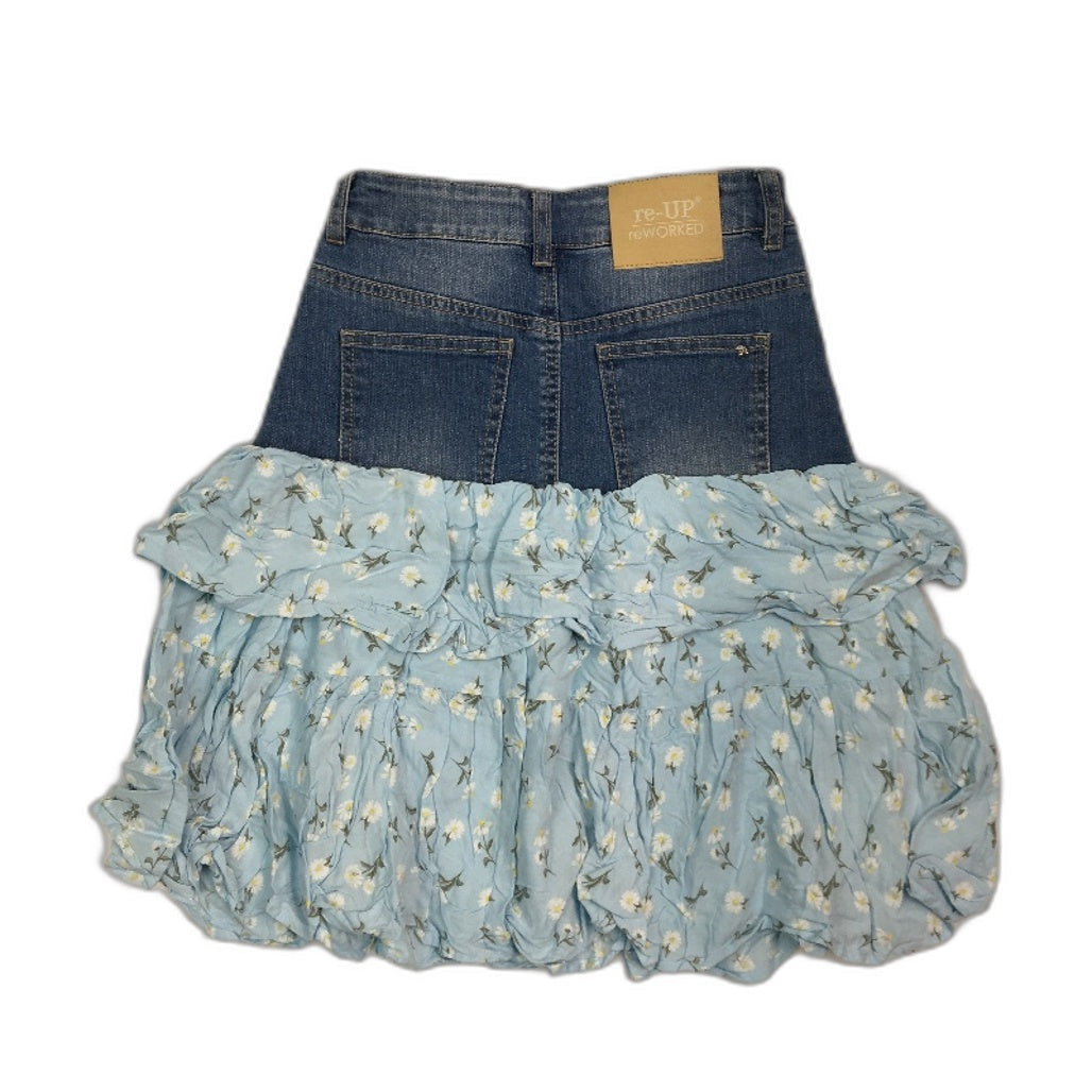reWORKED re-UP Handcrafted Upcycled Fabrics Blue Daisy RaRa Mini Skirt Sz 10
