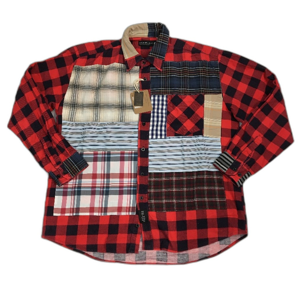 reWORKED re-UP Handcrafted Upcycled Fabrics Red Check Flannel Shirt Size XL