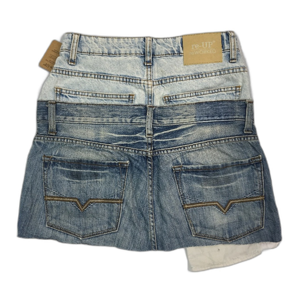 reWORKED re-UP Handcrafted Upcycled Fabric 2TDenim Veronica Mini Skirt Sz 10
