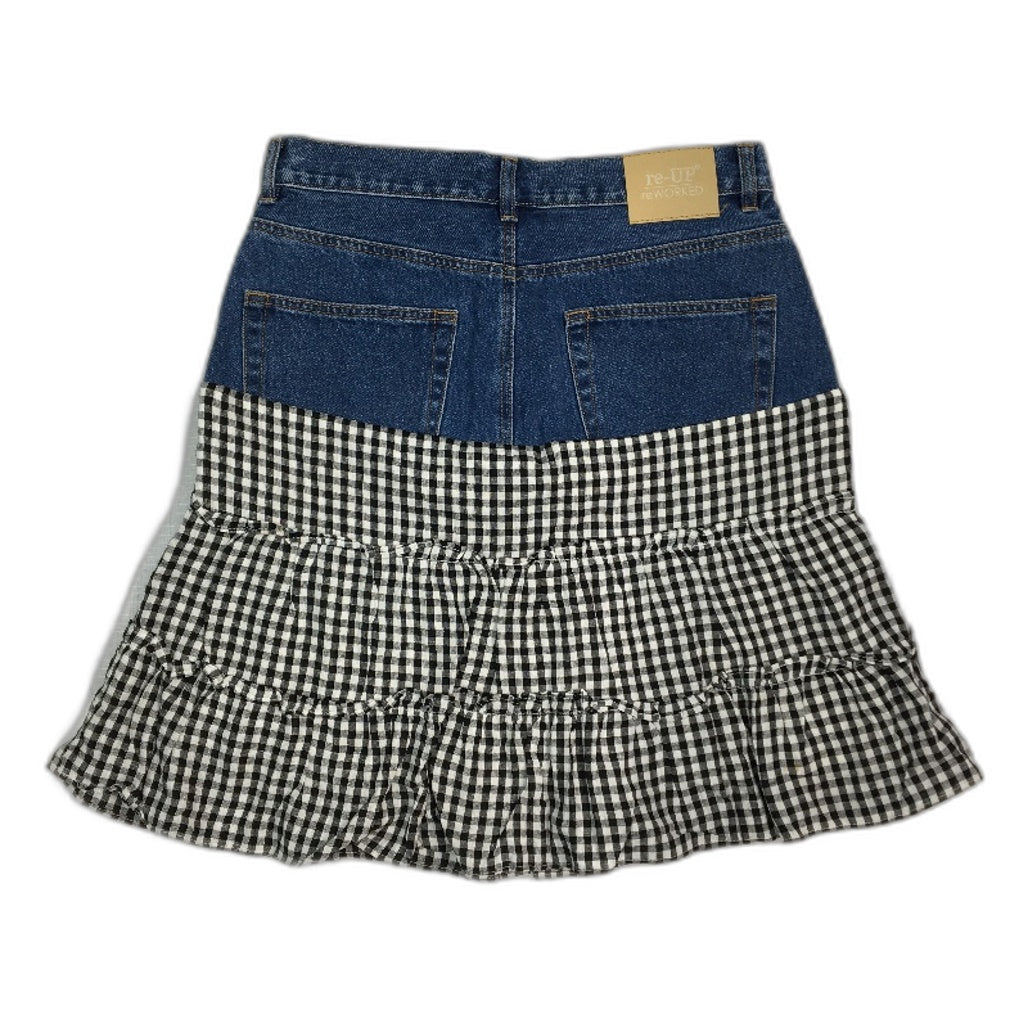 reWORKED re-UP Handcrafted Upcycled Fabrics Bk Gingham RaRa Mini Skirt Sz 14