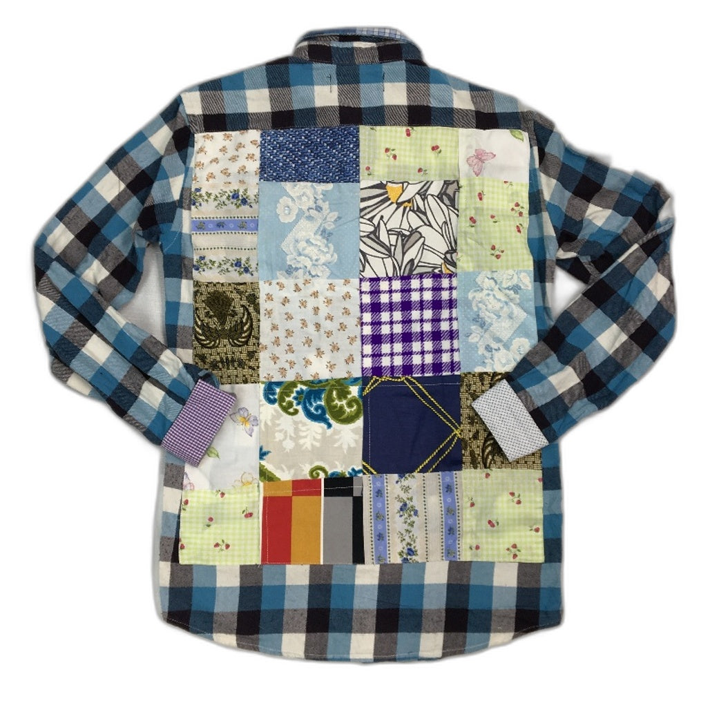 reWORKED re-UP Handcrafted Upcycled Fabrics Blue Check Flannel Shirt Size S