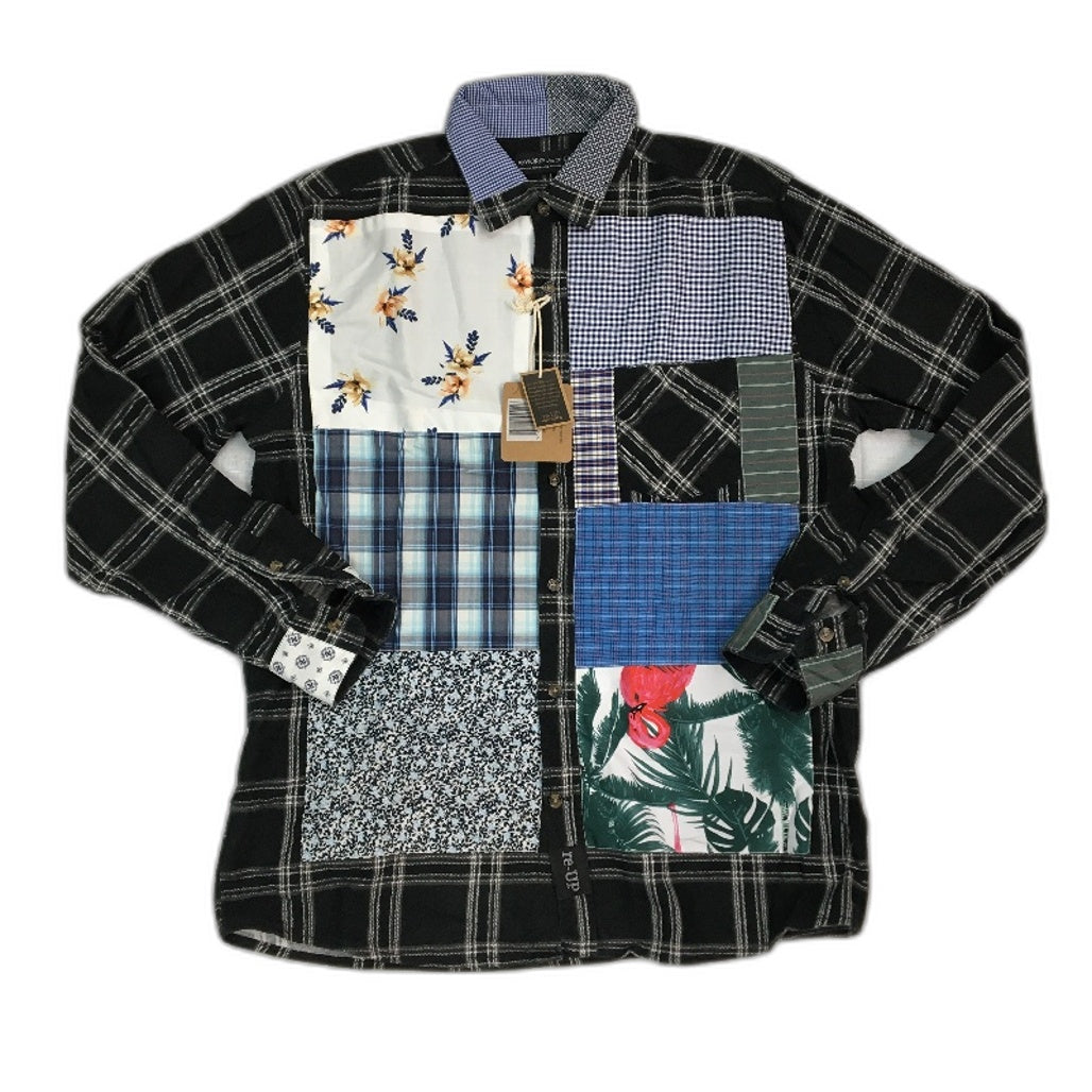 reWORKED re-UP Handcrafted Upcycled Fabrics Black Patched Flannel Shirt Sz M