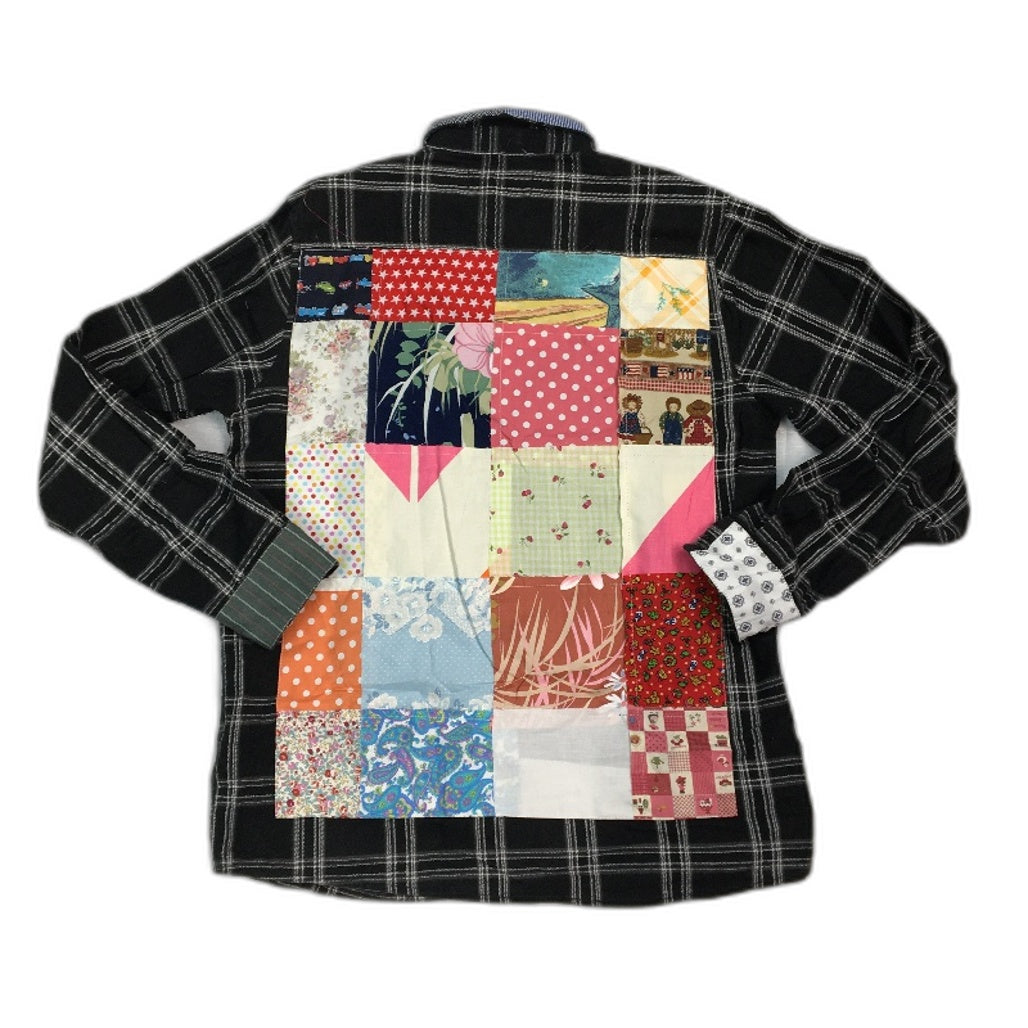 reWORKED re-UP Handcrafted Upcycled Fabrics Black Patched Flannel Shirt Sz M