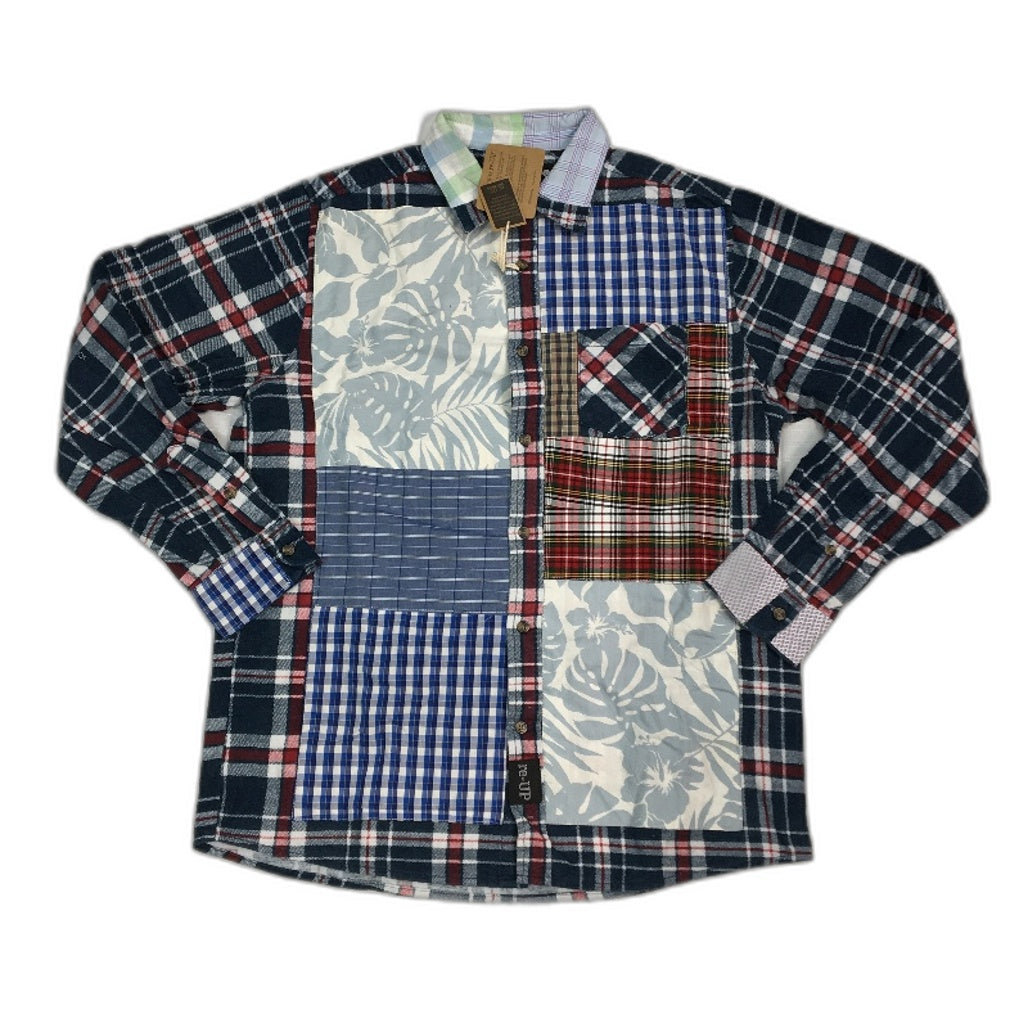 reWORKED re-UP Handcrafted Upcycled Fabrics Blues & Red Flannel Shirt Size L