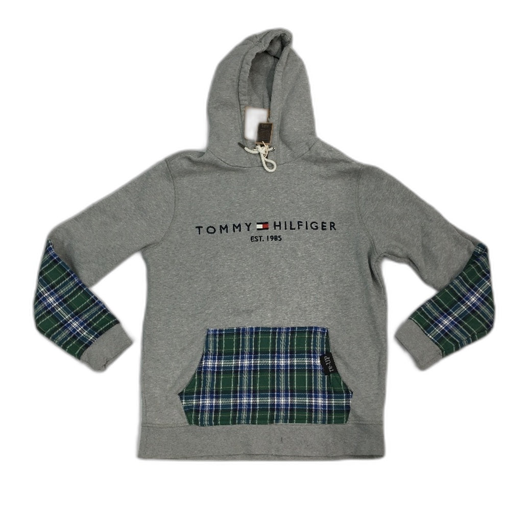 reWORKED re-UP Handcrafted Upcycled Fabrics Grey Green Hoodie Jumper Size S