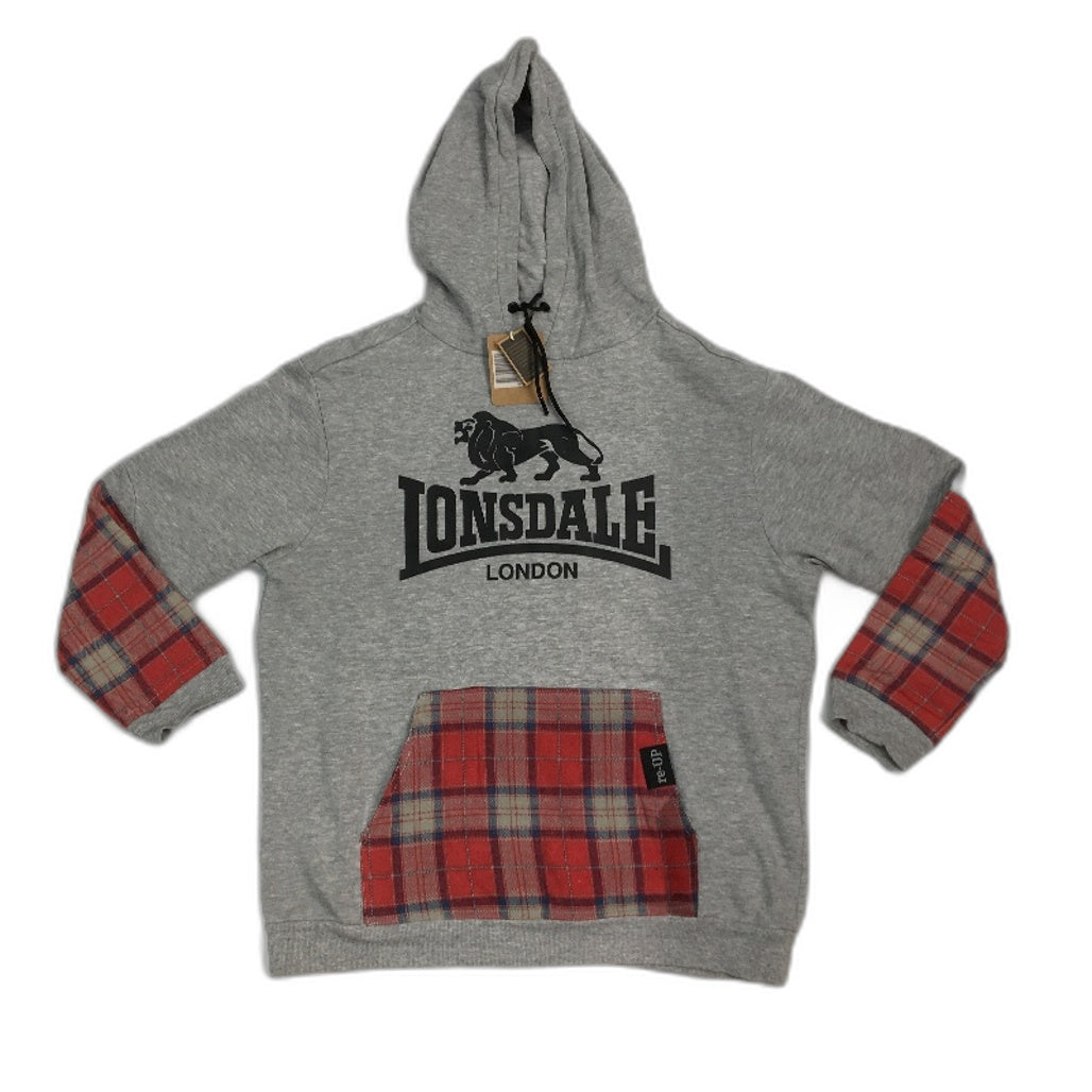 reWORKED re-UP Handcrafted Upcycled Fabrics Grey Red Hoodie Jumper Size L