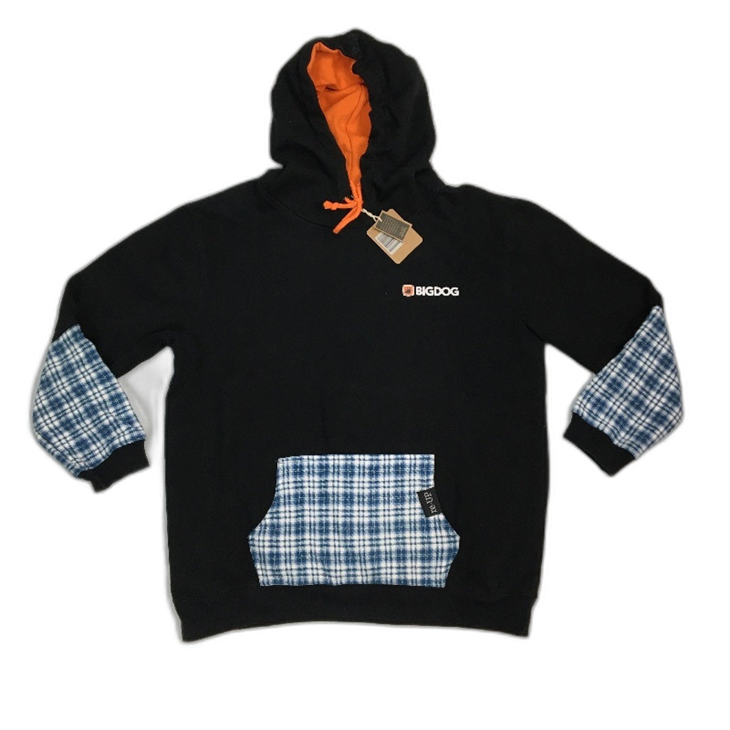 reWORKED re-UP Handcrafted Upcycled Fabrics Black Blue Hoodie Jumper Size XL