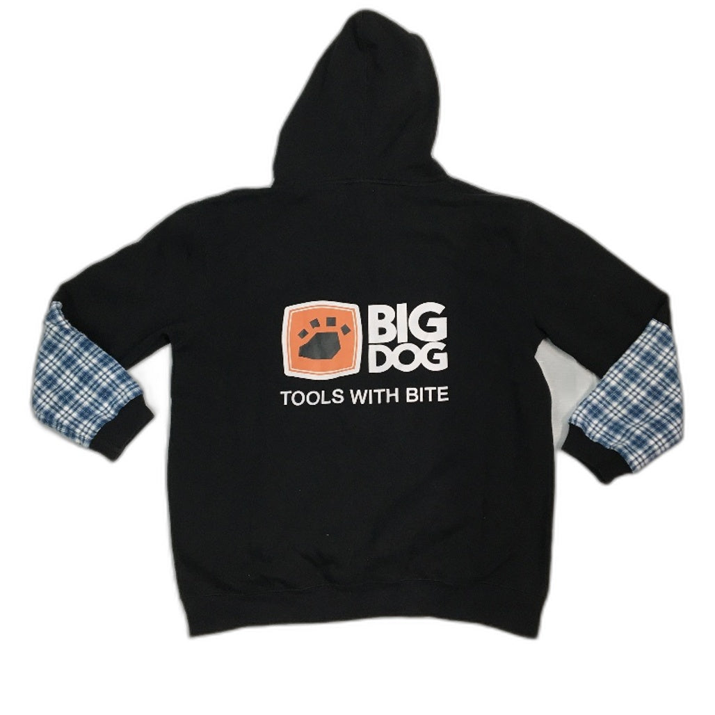 reWORKED re-UP Handcrafted Upcycled Fabrics Black Blue Hoodie Jumper Size XL