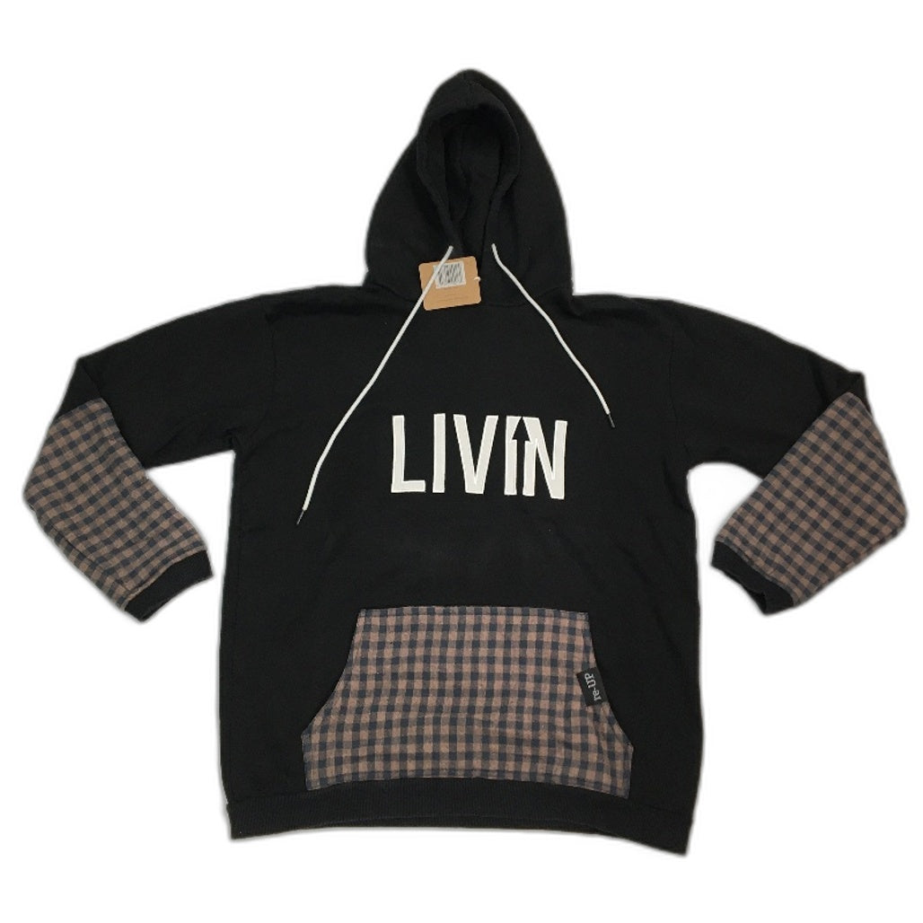 reWORKED re-UP Handcrafted Upcycled Fabrics Black Brown Hoodie Jumper Sze XL