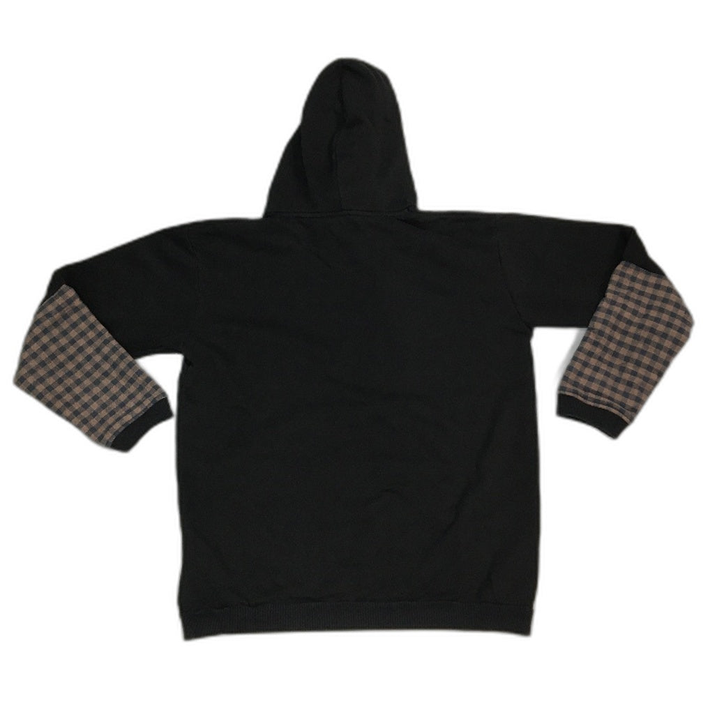reWORKED re-UP Handcrafted Upcycled Fabrics Black Brown Hoodie Jumper Sze XL