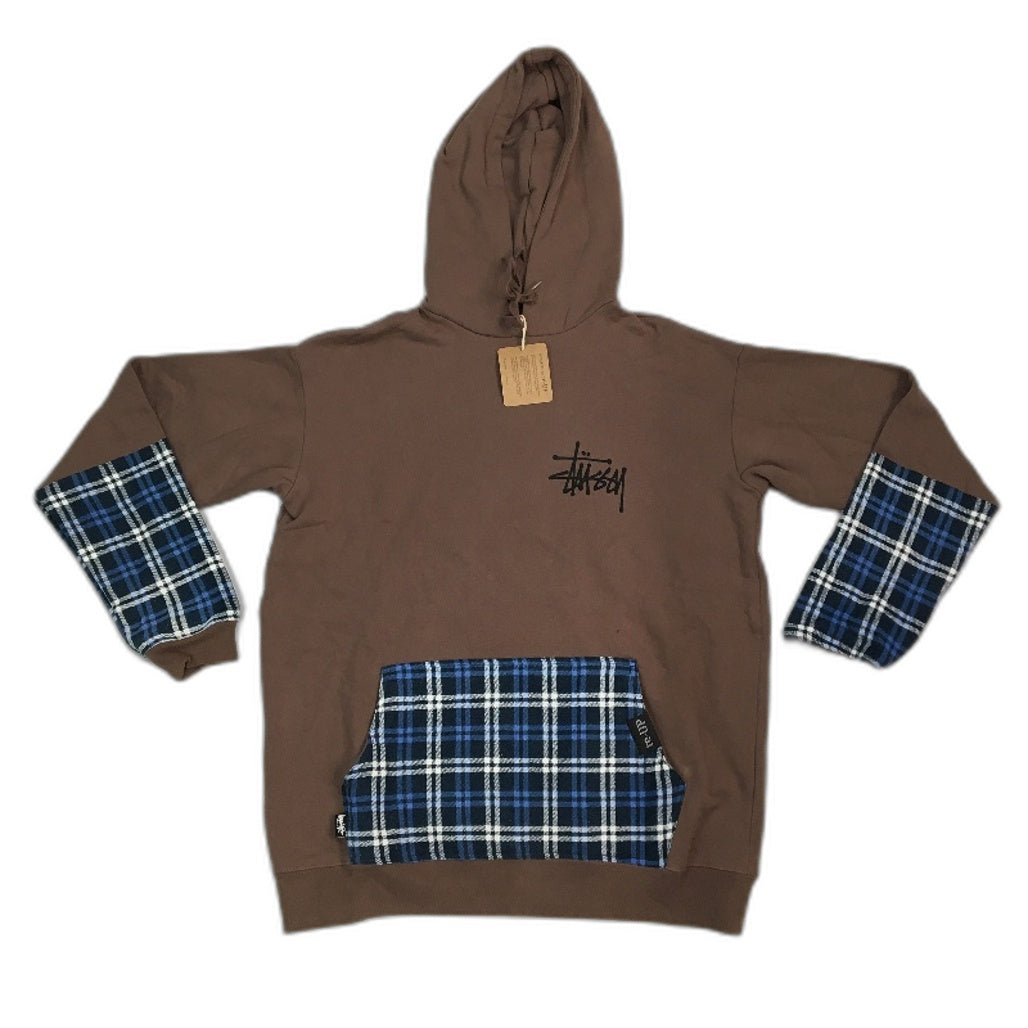 reWORKED re-UP Handcrafted Upcycled Fabrics Brown Blue Hoodie Jumper Size XL