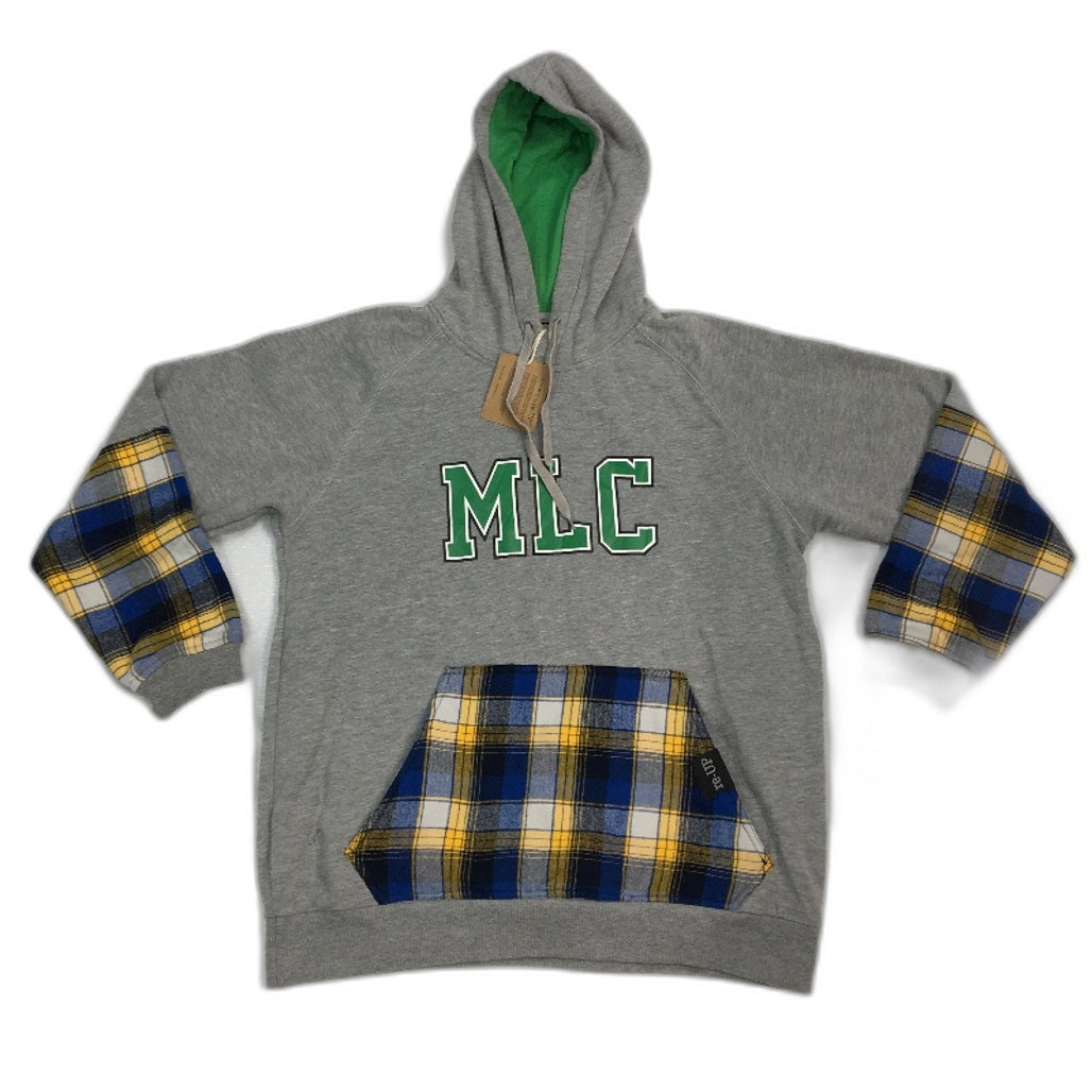 reWORKED re-UP Handcrafted Upcycled Fabrics Grey Green Hoodie Jumper Size L