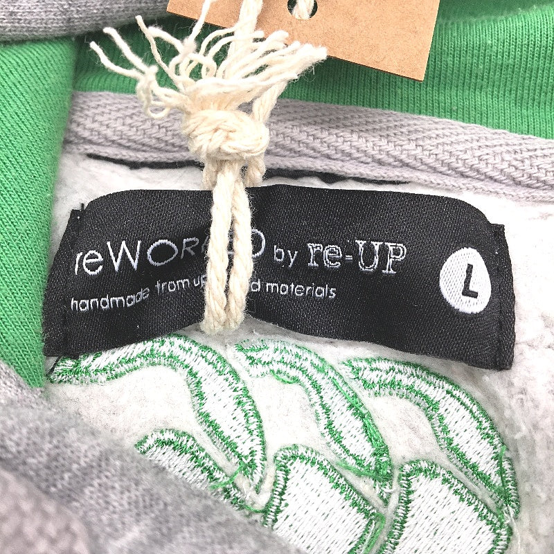 reWORKED re-UP Handcrafted Upcycled Fabrics Grey Green Hoodie Jumper Size L