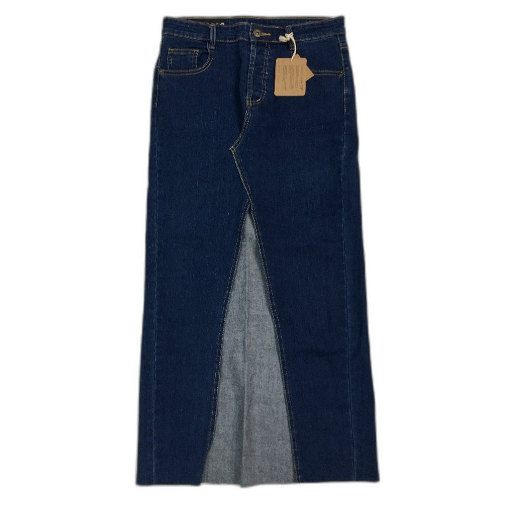 reWORKED re-UP Handcrafted Upcycled Fabrics Dk Blue Denim Ramona Skirt Sz 10