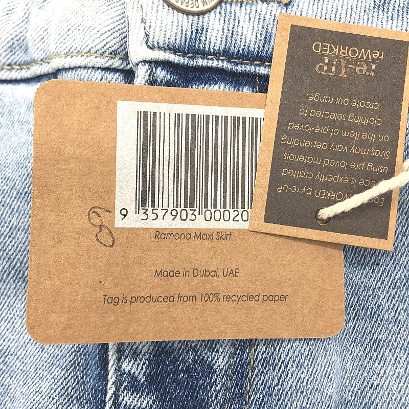 reWORKED re-UP Handcrafted Upcycled Fabrics Dk Blue Denim Ramona Skirt Sz 10