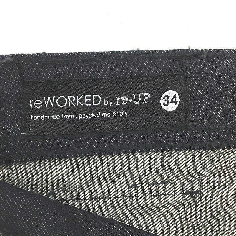 reWORKED re-UP Handcrafted Upcycled Fabrics Blk Tone Alex Patch Jeans Sz 34