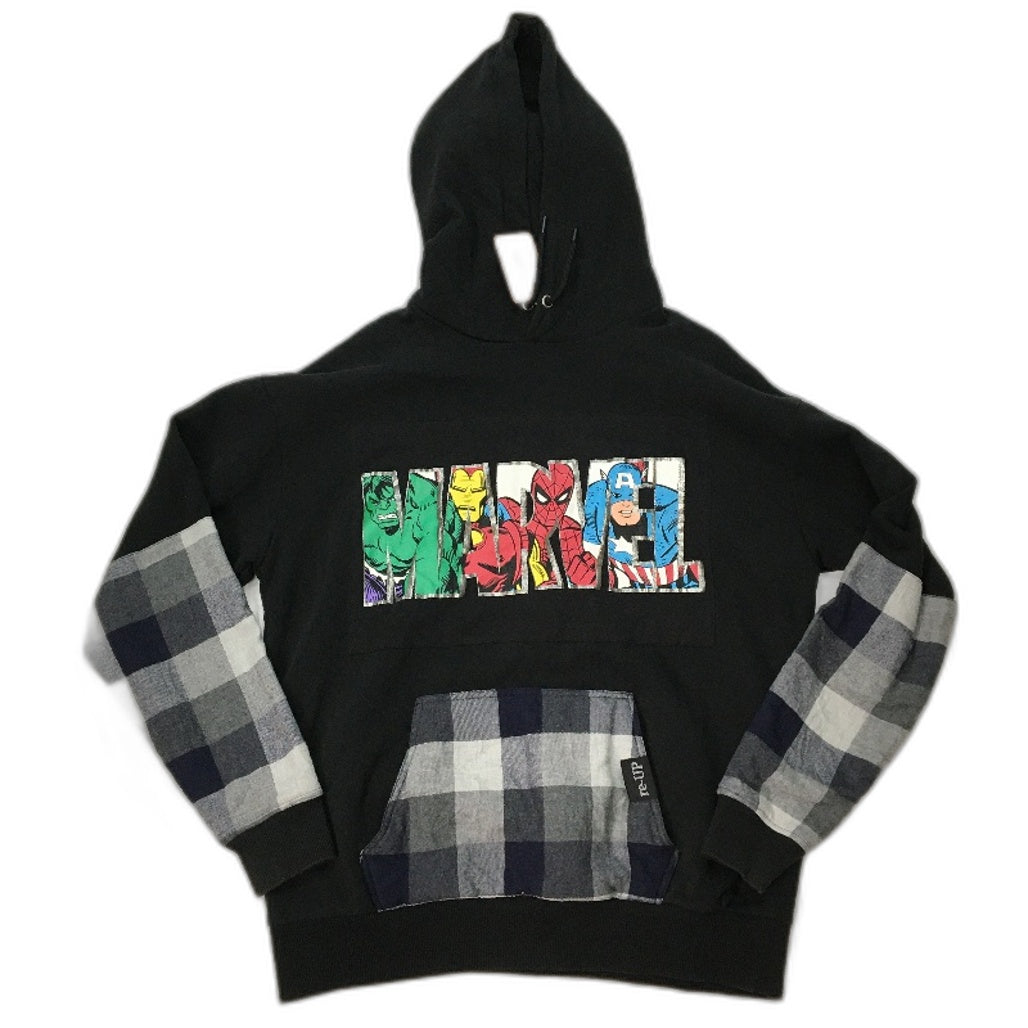 reWORKED re-UP Handcrafted Upcycled Fabrics Marvel Black Hoodie Jumper Size M