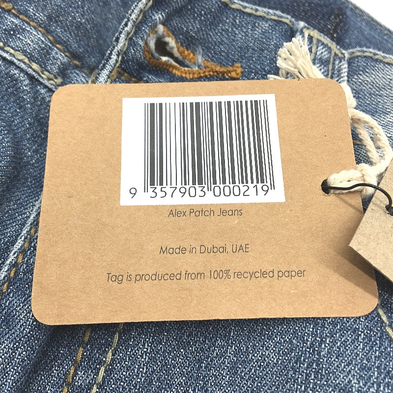 reWORKED re-UP Handcrafted Upcycled Mid Blue Fabrics Alex Patch Jeans Size 30