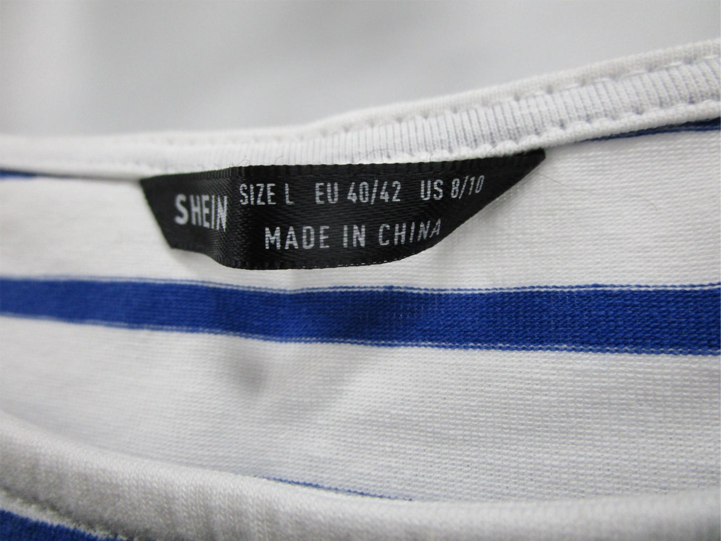 Shein White & Blue Striped Print Round Neck Ss Tee Ladies Size L NEW