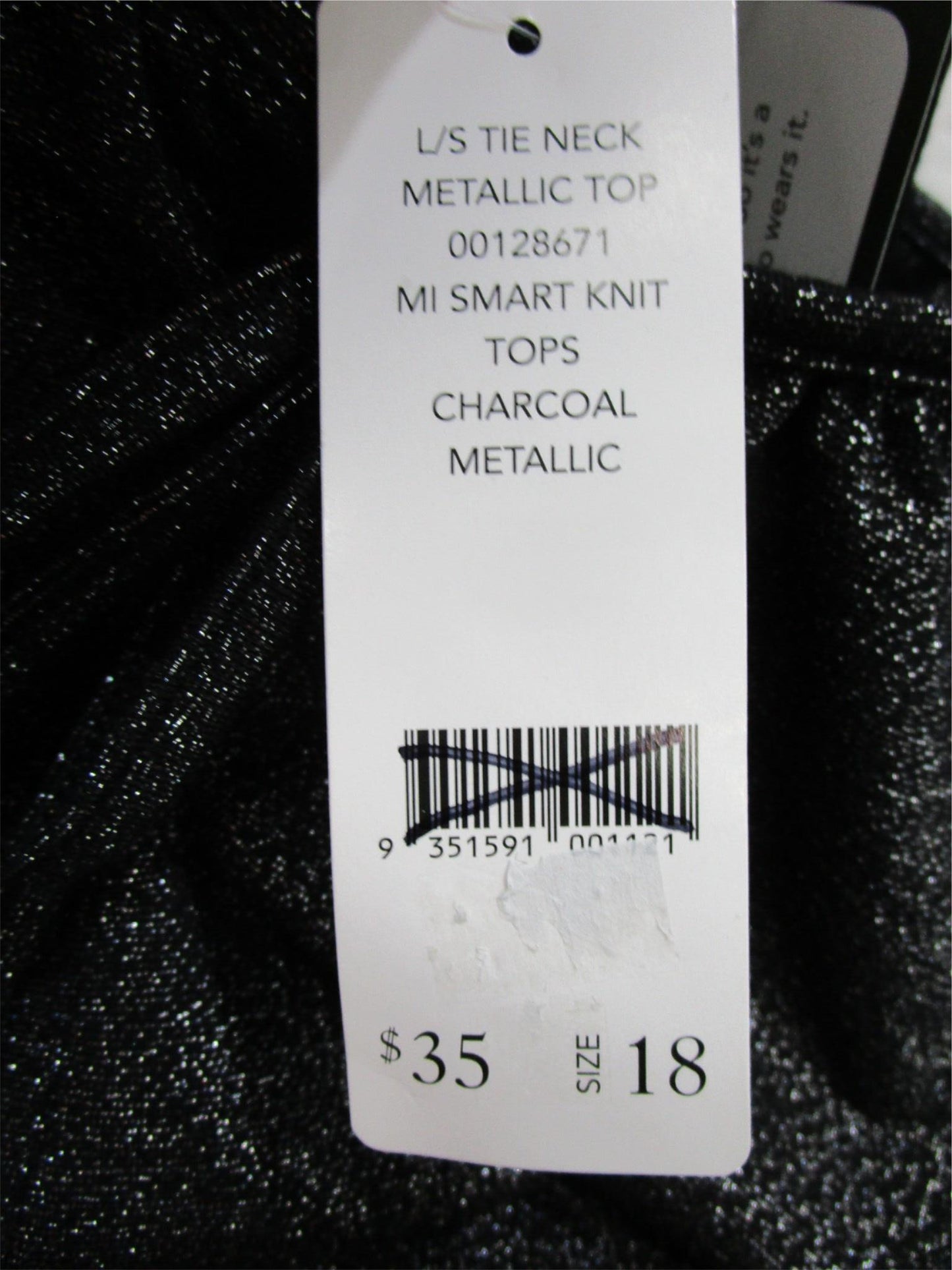 Millers L/S Tie Neck Stretchy Metallic Knit Top Charcoal Ladies Sz 18 NEW