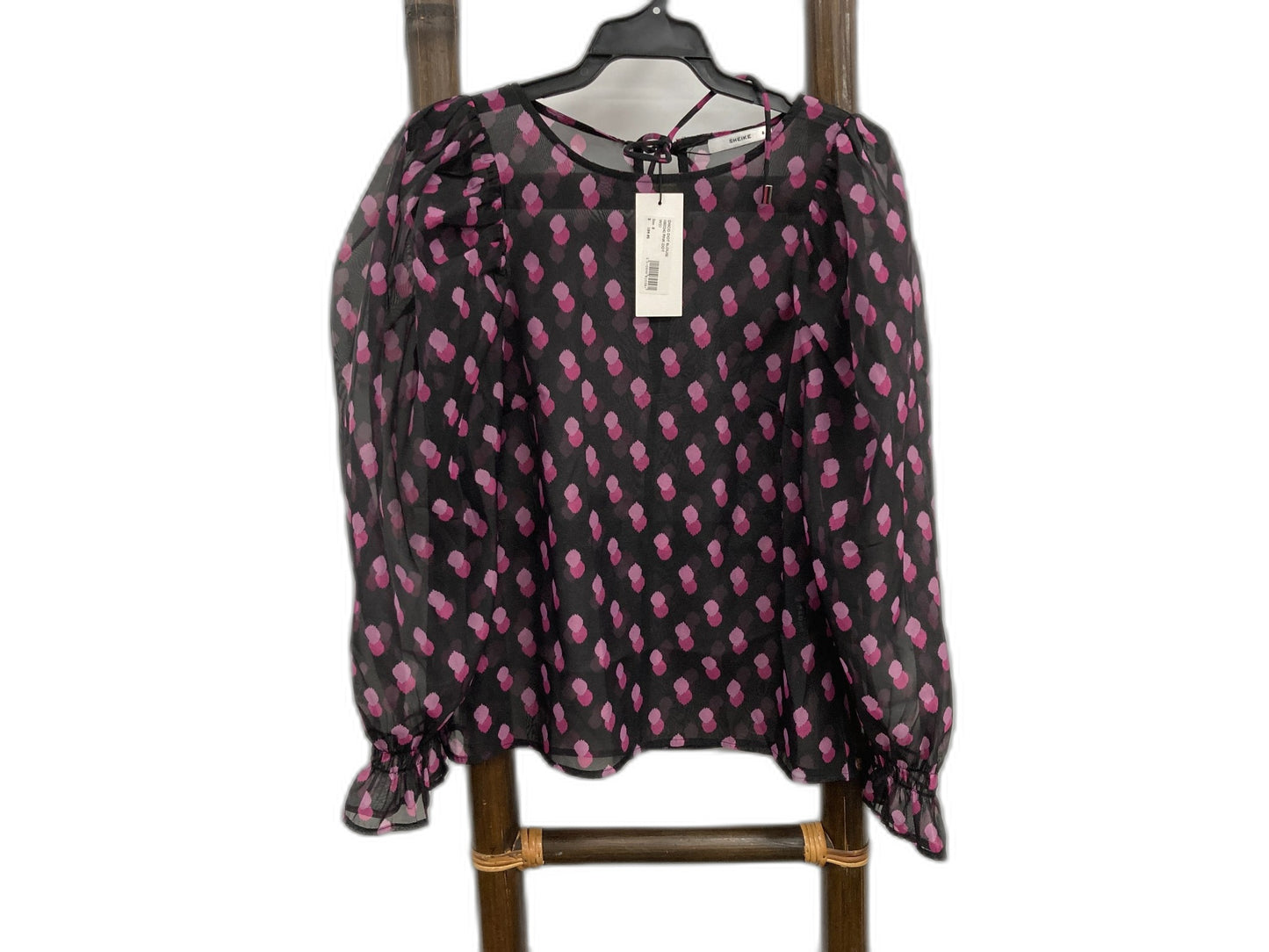 Sheike Disco Dot Blouse With Puffy Sleeves Black W/Pink Ladies Sz 8 NEW