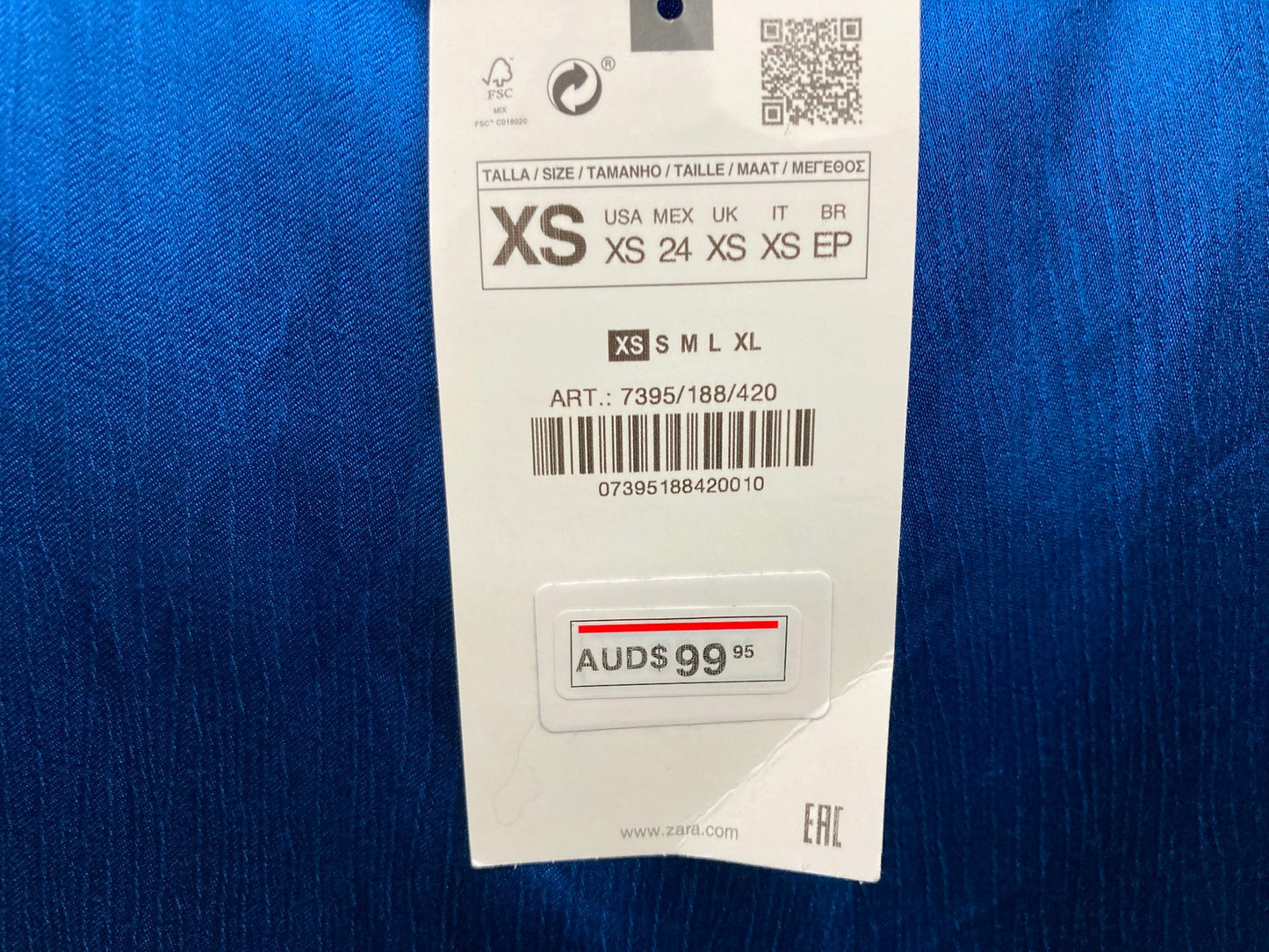 Zara Silky-Feel Line Textured Straight Leg Blue Pants Ladies Sz Xs NEW