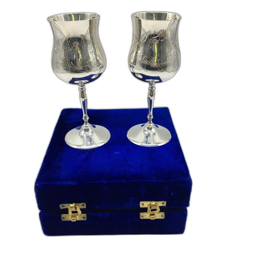 Vintage NEW In Velvet Box Set Of 2 Silverplate Etched Engravable Goblets