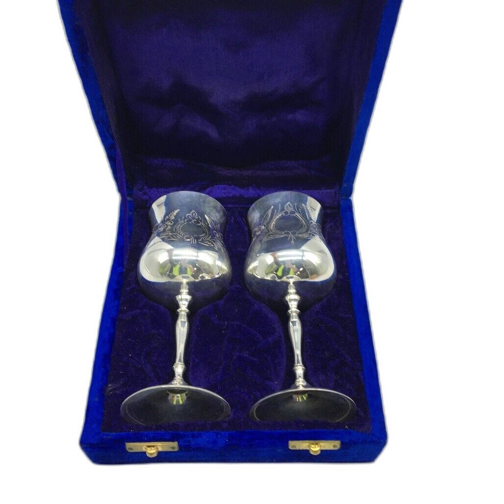 Vintage NEW In Velvet Box Set Of 2 Silverplate Etched Engravable Goblets