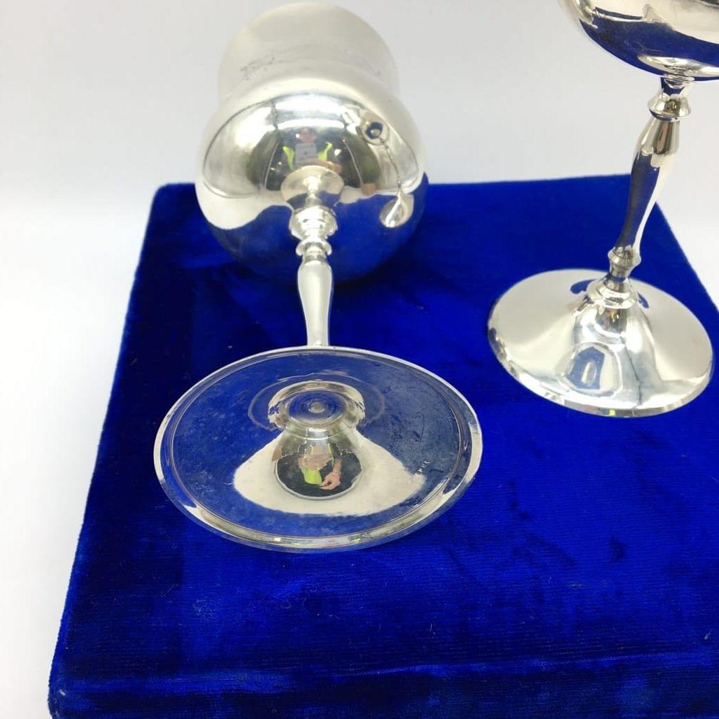 Vintage NEW In Velvet Box Set Of 2 Silverplate Etched Engravable Goblets