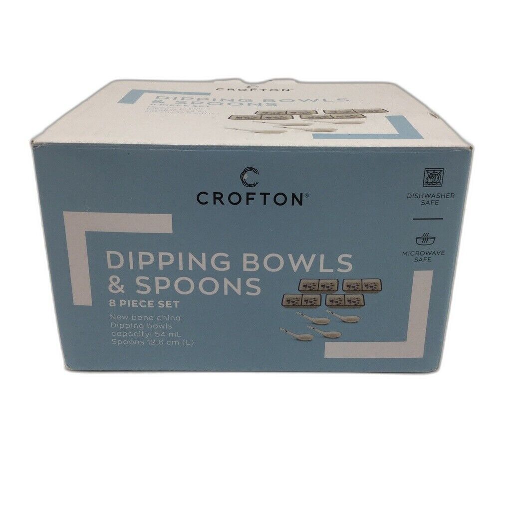 NEW Crofton 8 Pce Set Bone China White Floral Dipping Bowls 54ml & Spoons 12.6cm