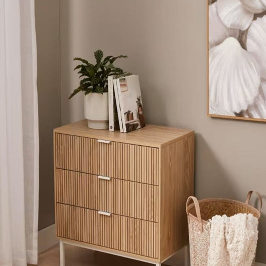 Natural Wood Look Ribbed Isla 3 Drawer Chest Size 69x72x40cm NEW