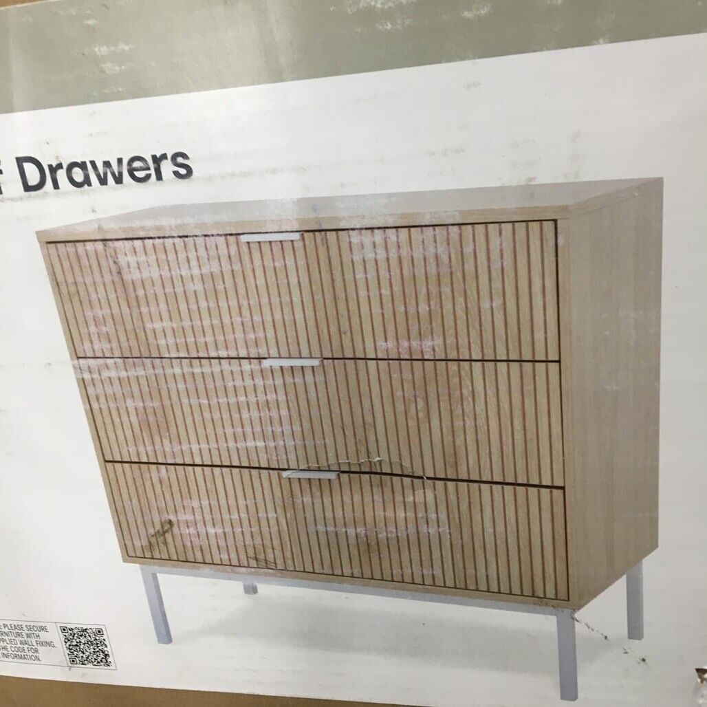 Natural Wood Look Ribbed Isla 3 Drawer Chest Size 69x72x40cm NEW