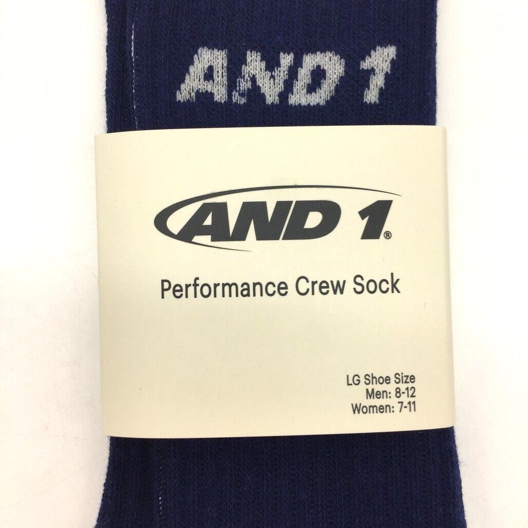 AND1 3 Piece Navy & White Sports Performance Crew Sock Unisex Size Large NEW