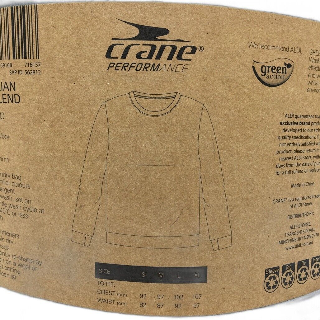 Crane Performance Australian Merino Wool Grey Sweat Top Unisex Size Large NEW