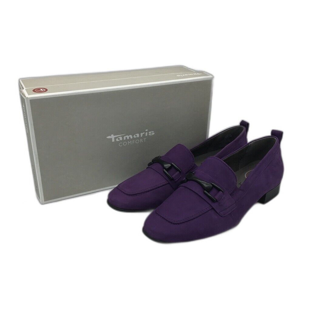 Tamaris Comfort Suede Leather Low Heel Loafer Purple Ladies Size US 8.5 NEW