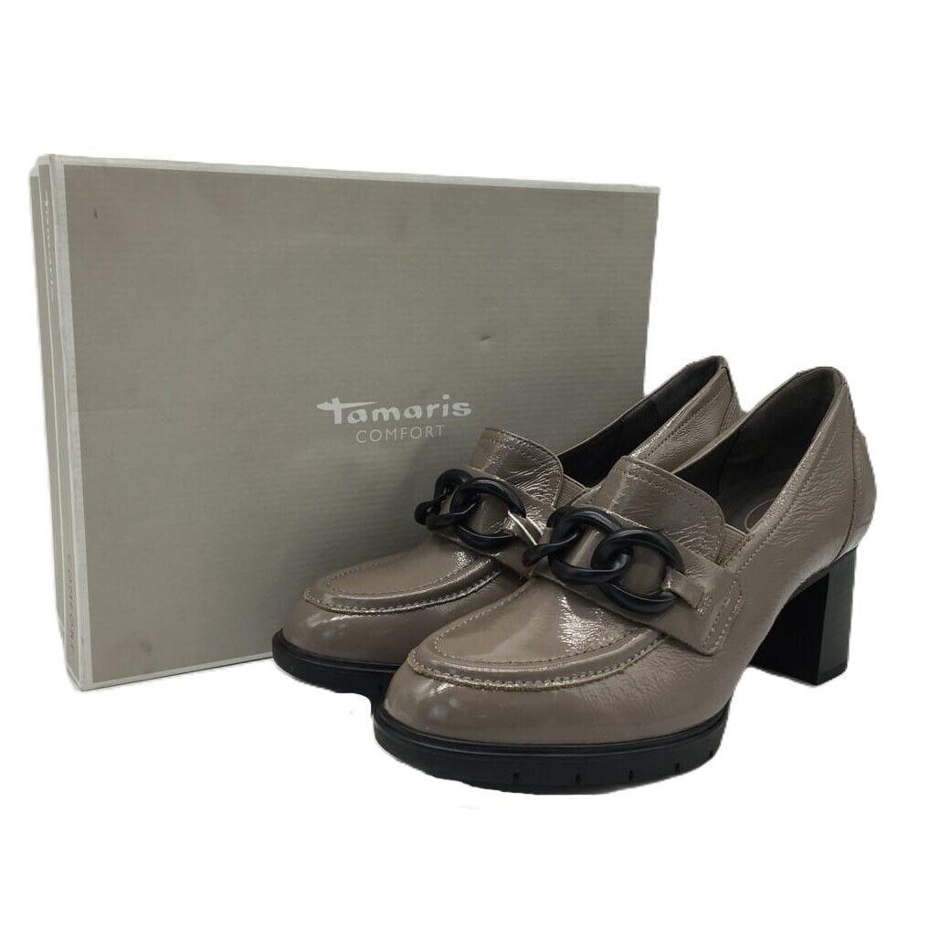 Tamaris Comfort Leather Moccasin Style Glossy Pumps Taupe Ladies Size US 9.5 NEW