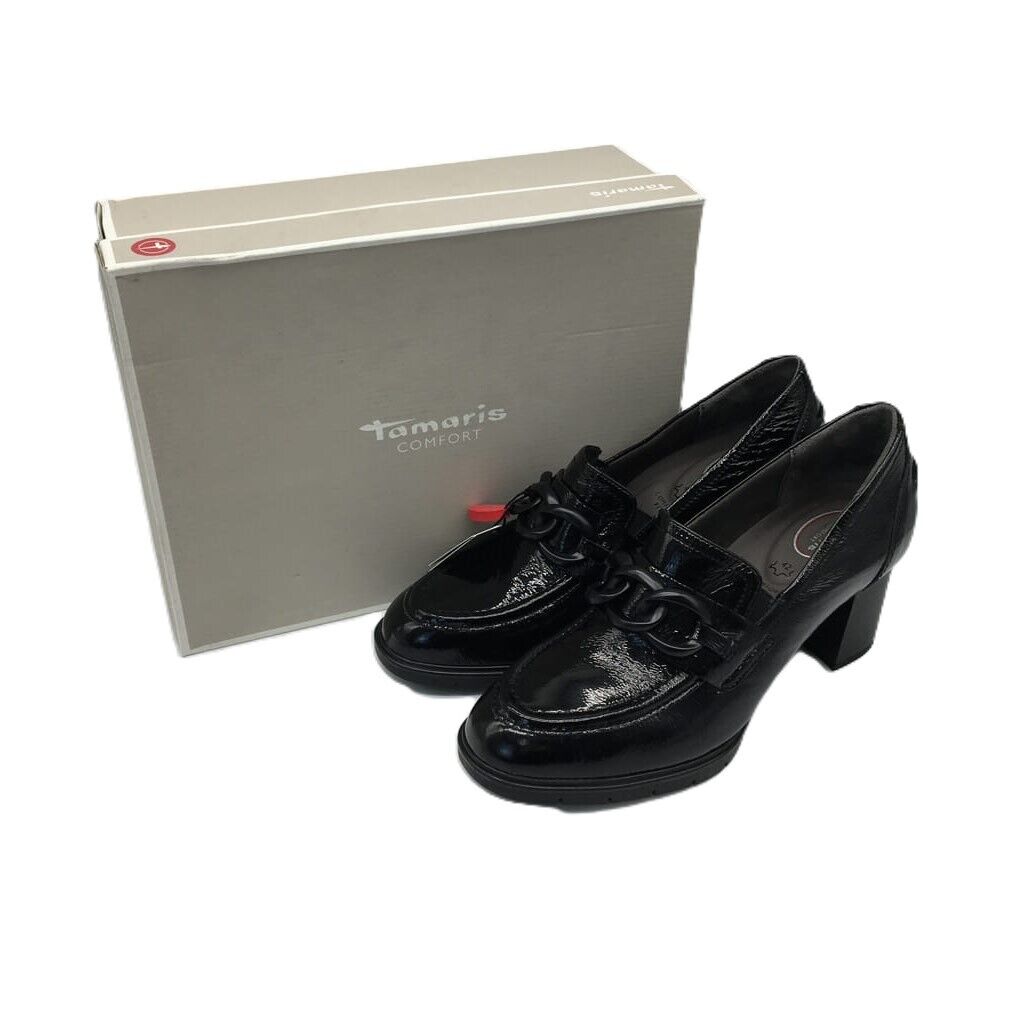 Tamaris Comfort Leather Moccasin Style Glossy Pumps Black Ladies Size US 10 NEW