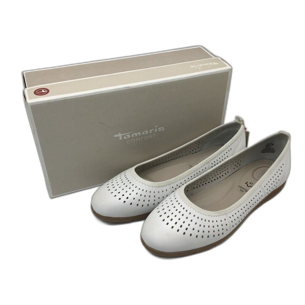 Tamaris Comfort Leather Ballerina Flats White Nappa Ladies Size EU 41 US 9.5 NEW