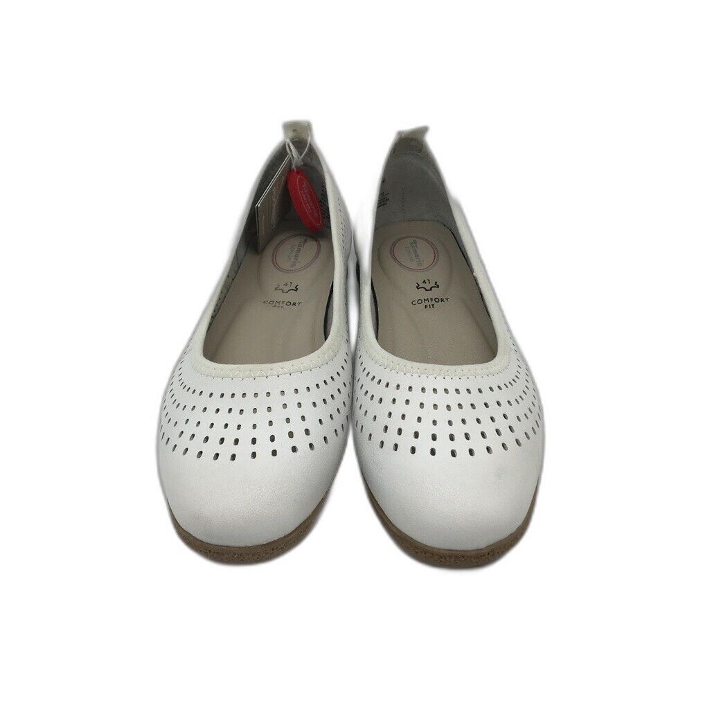 Tamaris Comfort Leather Ballerina Flats White Nappa Ladies Size EU 41 US 9.5 NEW