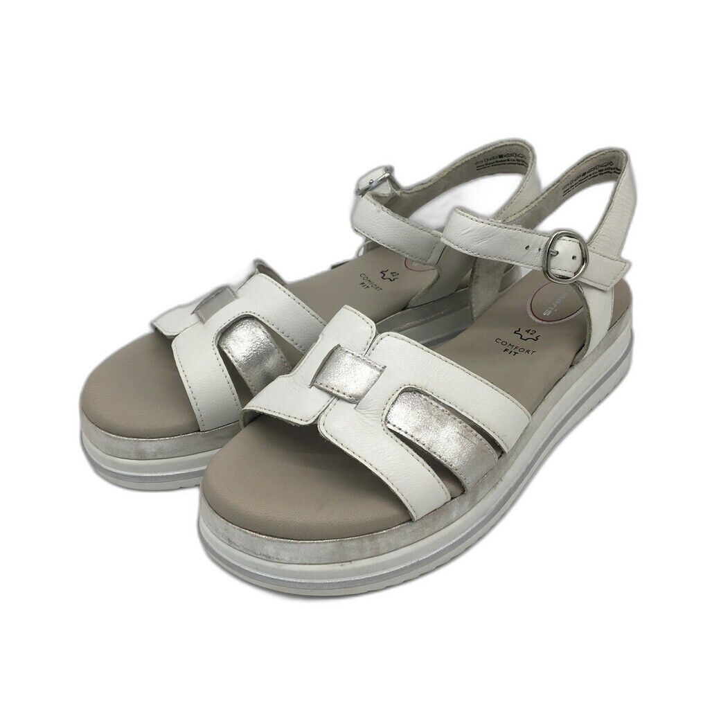 Tamaris Comfort Wedge Leather Sandals White/Silver Ladies Size EU 42 / US 10 NEW