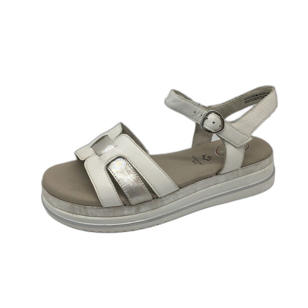 Tamaris Comfort Wedge Leather Sandals White/Silver Ladies Size EU 42 / US 10 NEW