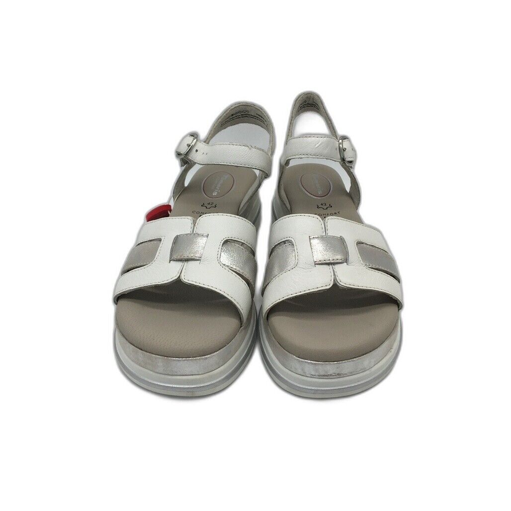 Tamaris Comfort Wedge Leather Sandals White/Silver Ladies Size EU 42 / US 10 NEW