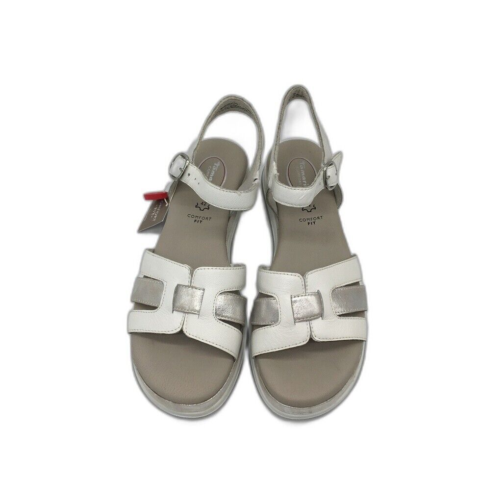 Tamaris Comfort Wedge Leather Sandals White/Silver Ladies Size EU 42 / US 10 NEW