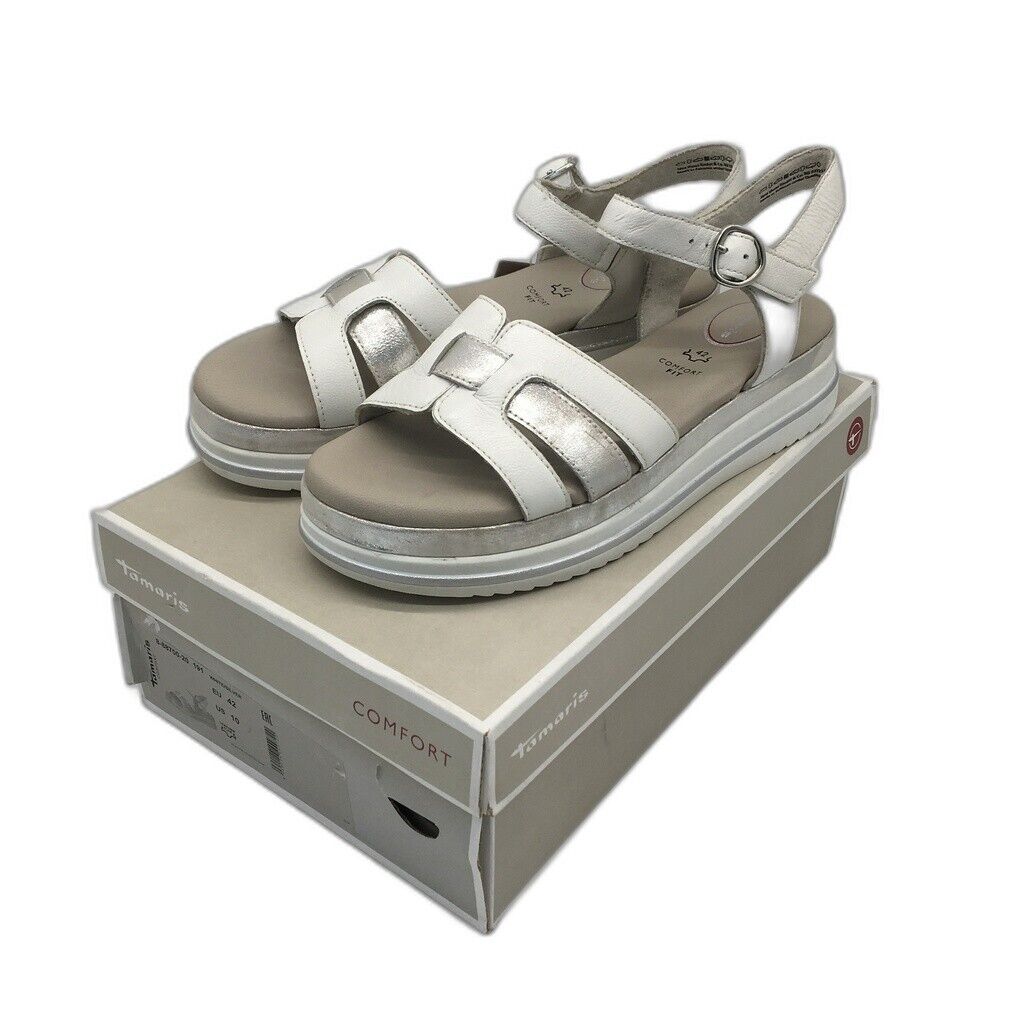 Tamaris Comfort Wedge Leather Sandals White/Silver Ladies Size EU 42 / US 10 NEW