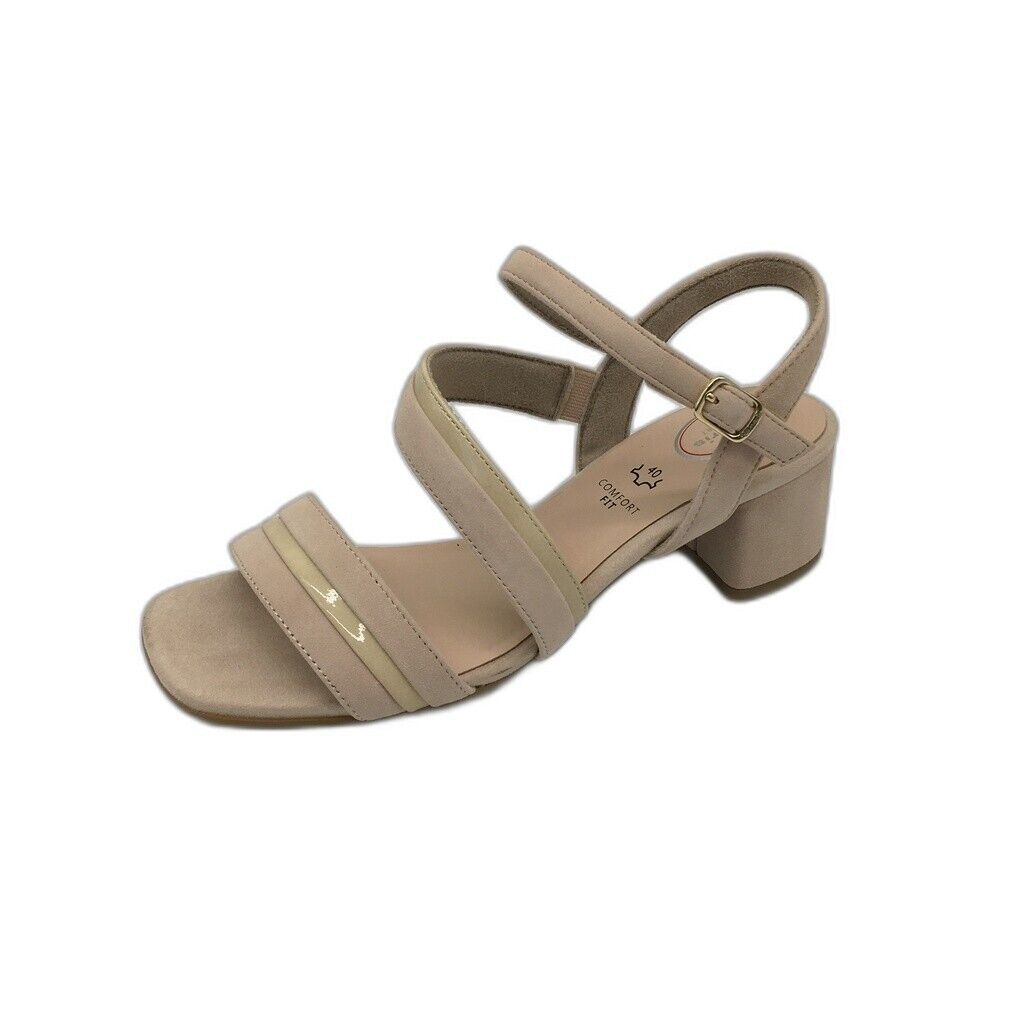 Tamaris Comfort Suede Strappy Leather Heeled Sandals Beige Ladies Sz US 8.5 NEW