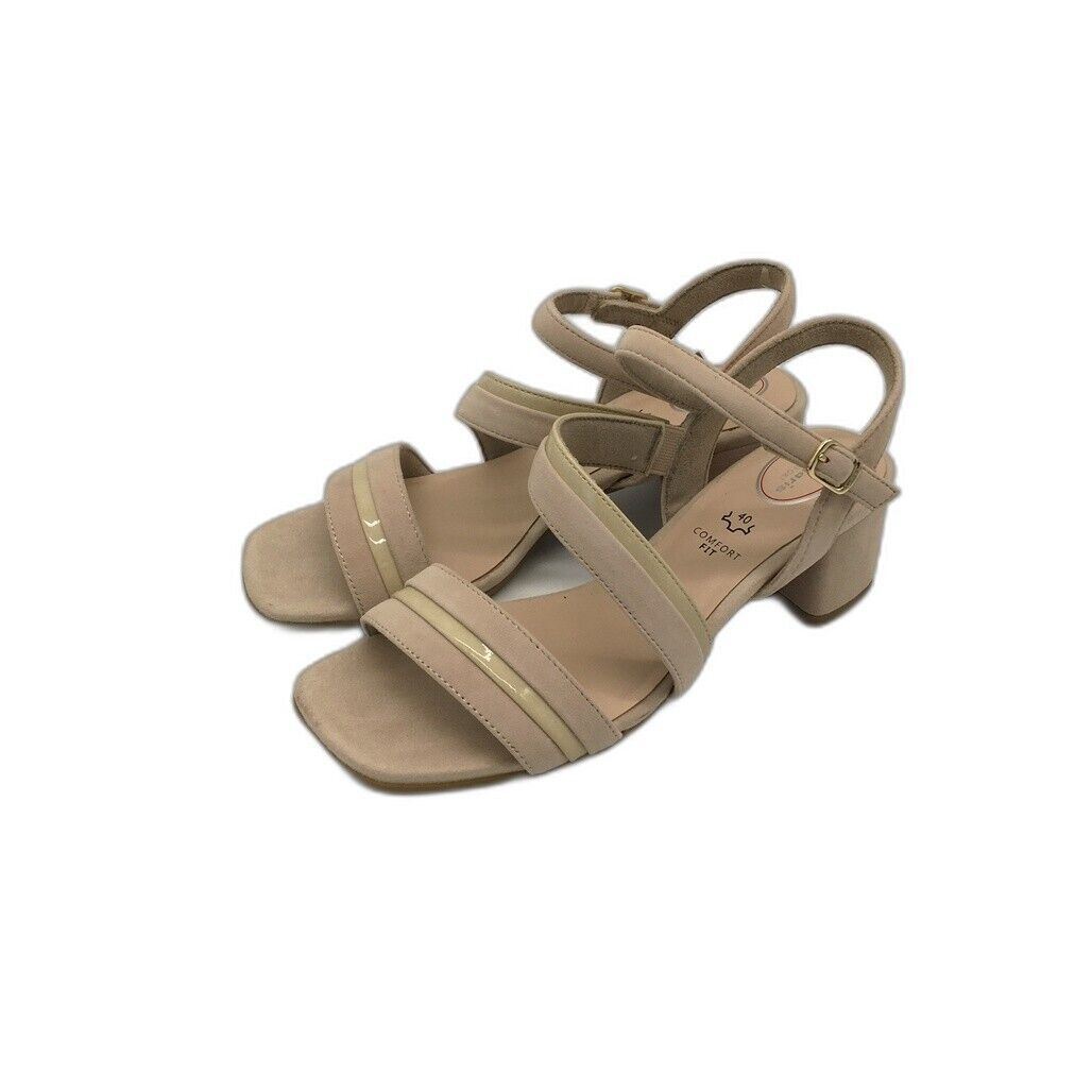 Tamaris Comfort Suede Strappy Leather Heeled Sandals Beige Ladies Sz US 8.5 NEW