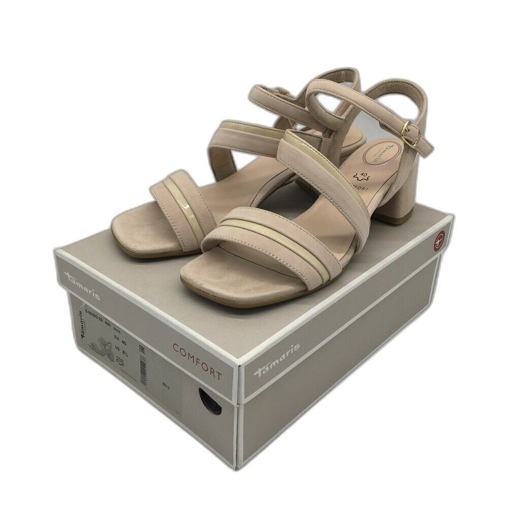 Tamaris Comfort Suede Strappy Leather Heeled Sandals Beige Ladies Sz US 8.5 NEW